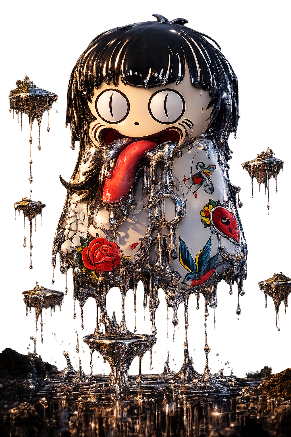 Chrome, liquid-metal rendering of a tattooed character with its tongue out, floating in a pink dreamlike sky