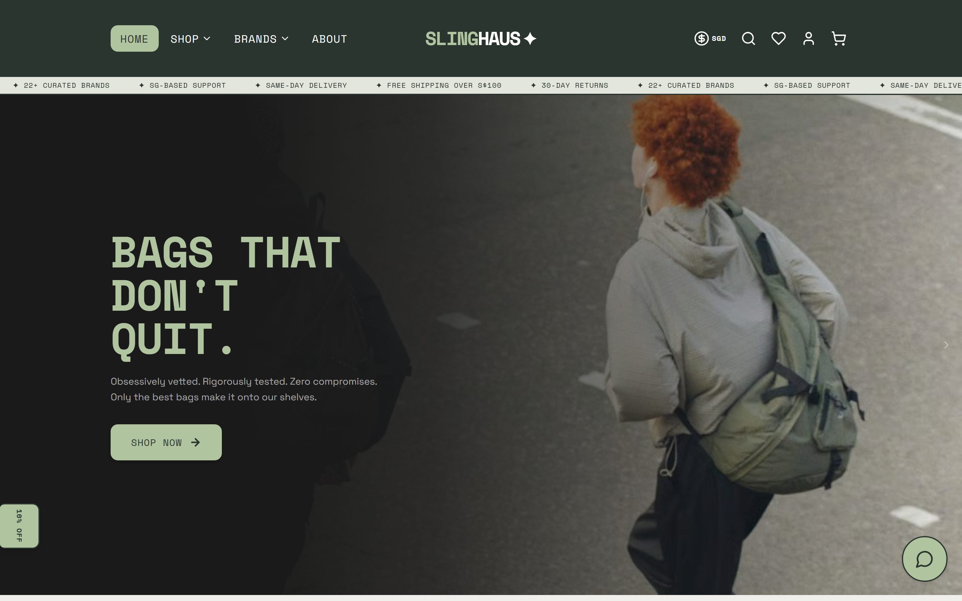 Slinghaus bag curator website desktop home page