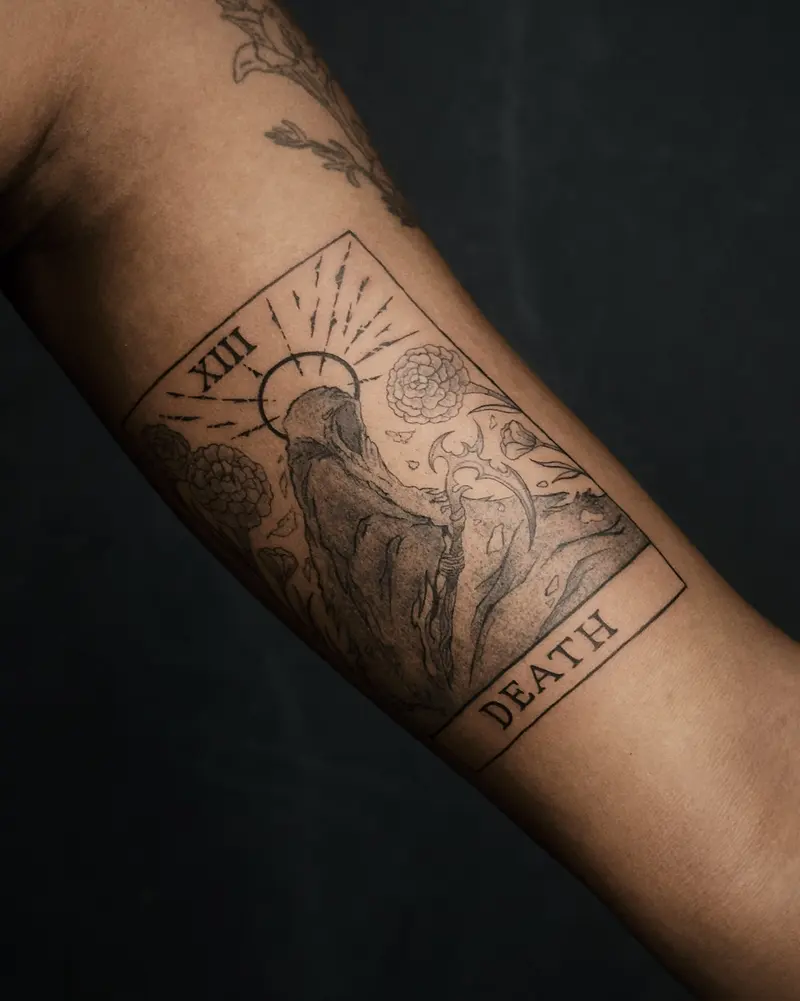 Tattoo work: the Death tarot card, on a forearm