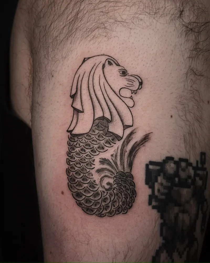 Tattoo work: the Merlion, on a shoulder